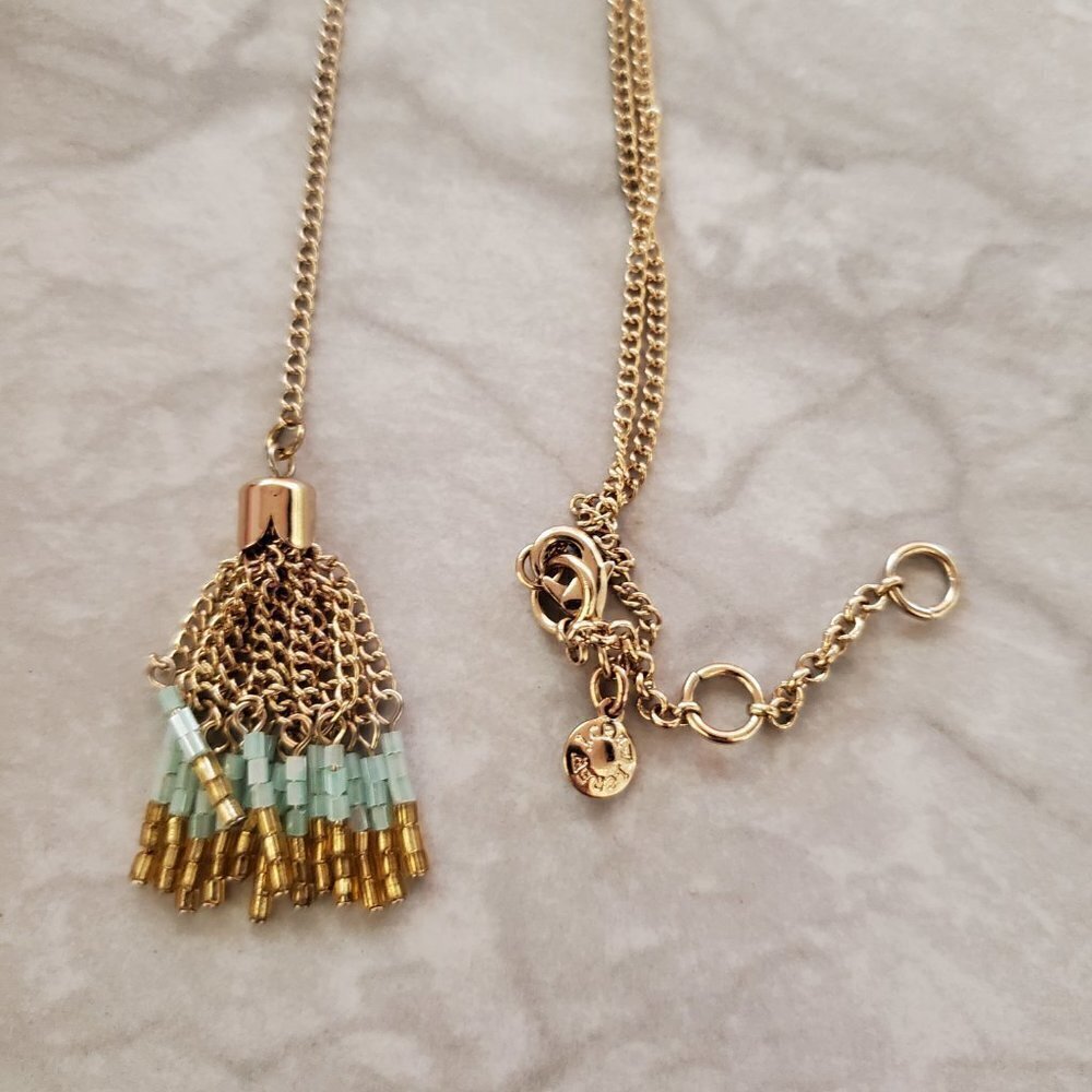 💙 J.Crew Gold Light Blue Beads Beaded Chain Tassel Necklace 💙 - Picture 2 of 6